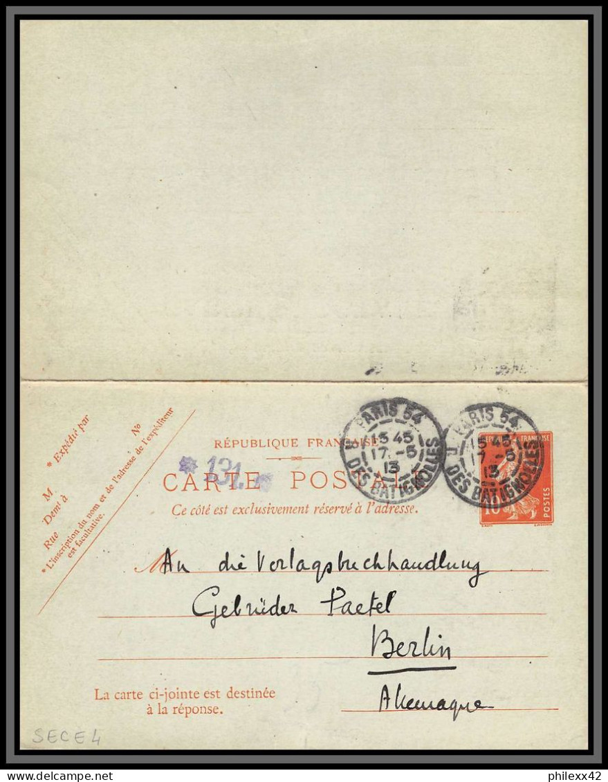 75074 10c Rouge Camée SEC E4 Avec Réponse Semeuse Berlin Allemagne 1913 Entier Postal Carte Postale Postcard France - Postales Tipos Y (antes De 1995)