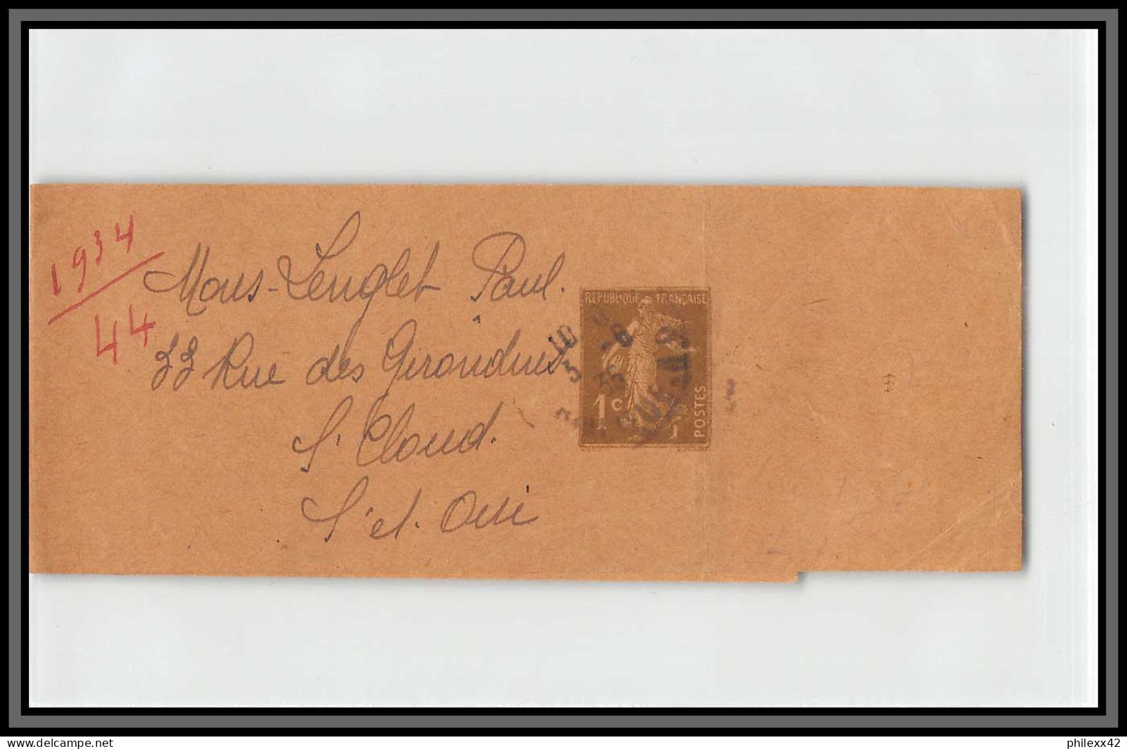 75051 1c Camée SEC A Semeuse 1935 St Cloud Entier Postal Stationery Bande Journal Wrapper France - Striscie Per Giornali