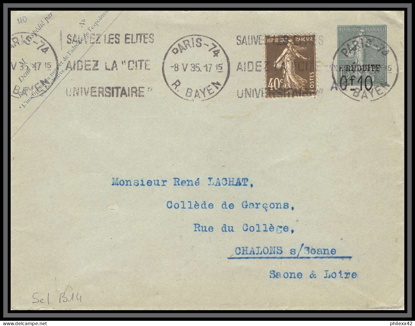 75044 15c Lignée SEL B14 Semeuse + Complément Paris Chalons 1935 Entier Postal Stationery Enveloppe France - Standard- Und TSC-Briefe (vor 1995)