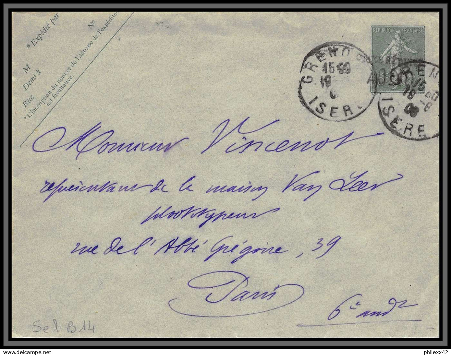 75031 15c Lignée SEL B14 Semeuse Daguin Grenoble 1906 Entier Postal Stationery Enveloppe France - Standard Covers & Stamped On Demand (before 1995)