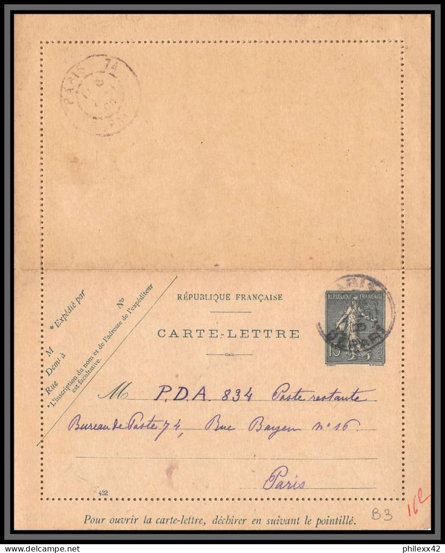 75030 15c Lignée SEL B3 Semeuse Entier Postal Stationery Carte Lettre France - Letter Cards