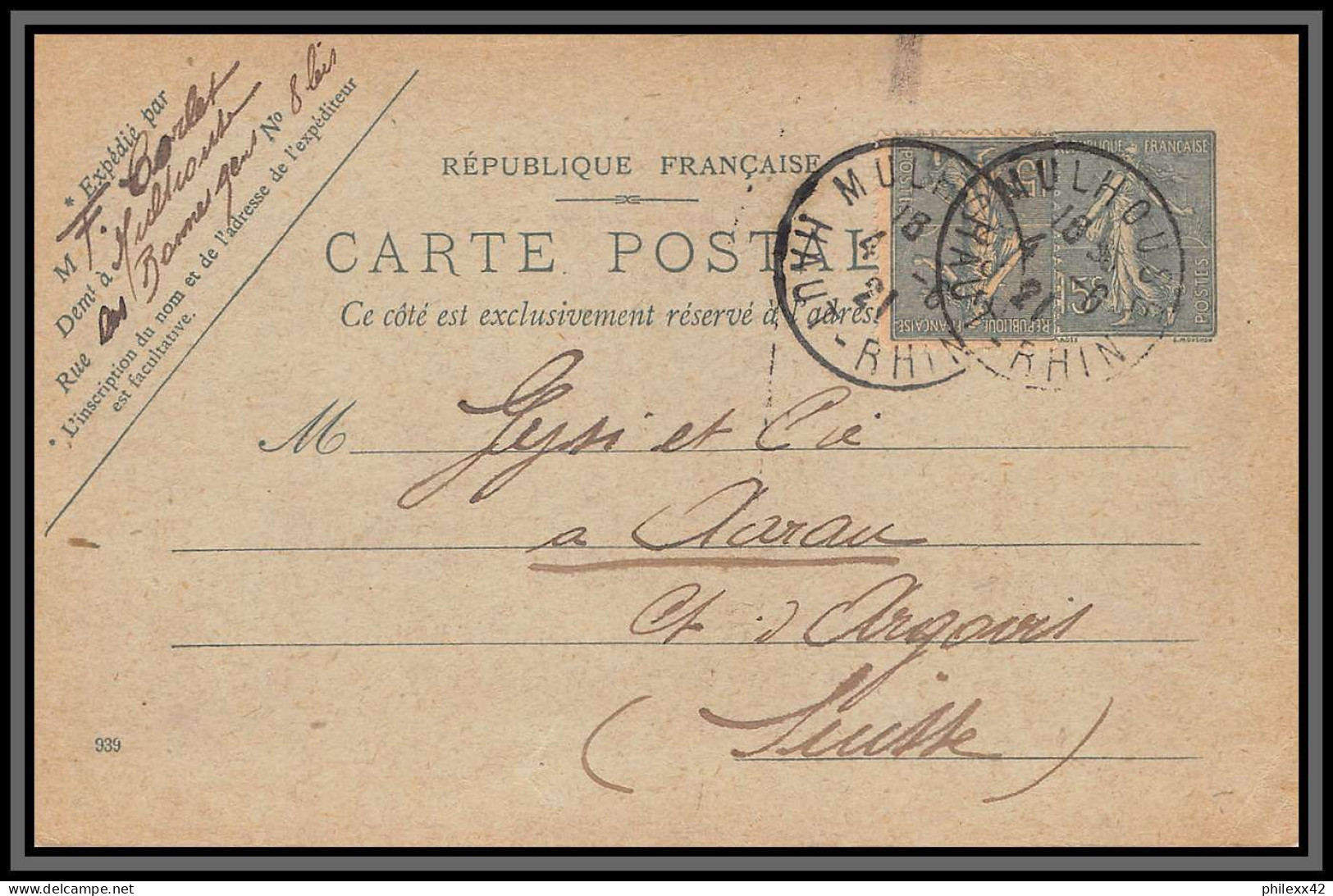 75019 15c Lignée SEL B1a Semeuse + Complément Date 939 Entier Postal Stationery Carte Postale Suisse Aarau 1921 - Standard Postcards & Stamped On Demand (before 1995)