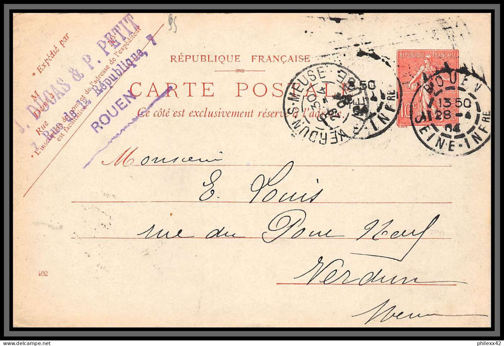 75006 10c Lignée SEL A Date 402 Semeuse Rouen Verdun 1904 Entier Postal Stationery Carte Postale Postcard France - Standard Postcards & Stamped On Demand (before 1995)