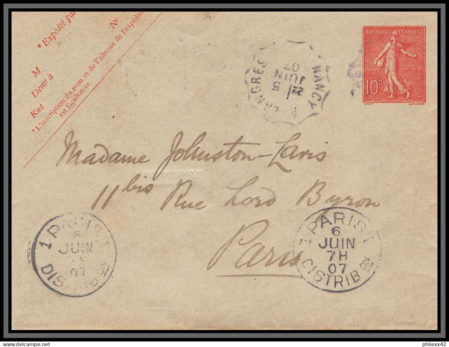 75011 10c Lignée SEL A9 Convoyeur Nancy Langres 1907 Gand Hotel Vittel Semeuse Entier Postal Stationery Enveloppe France - Standaardomslagen En TSC (Voor 1995)