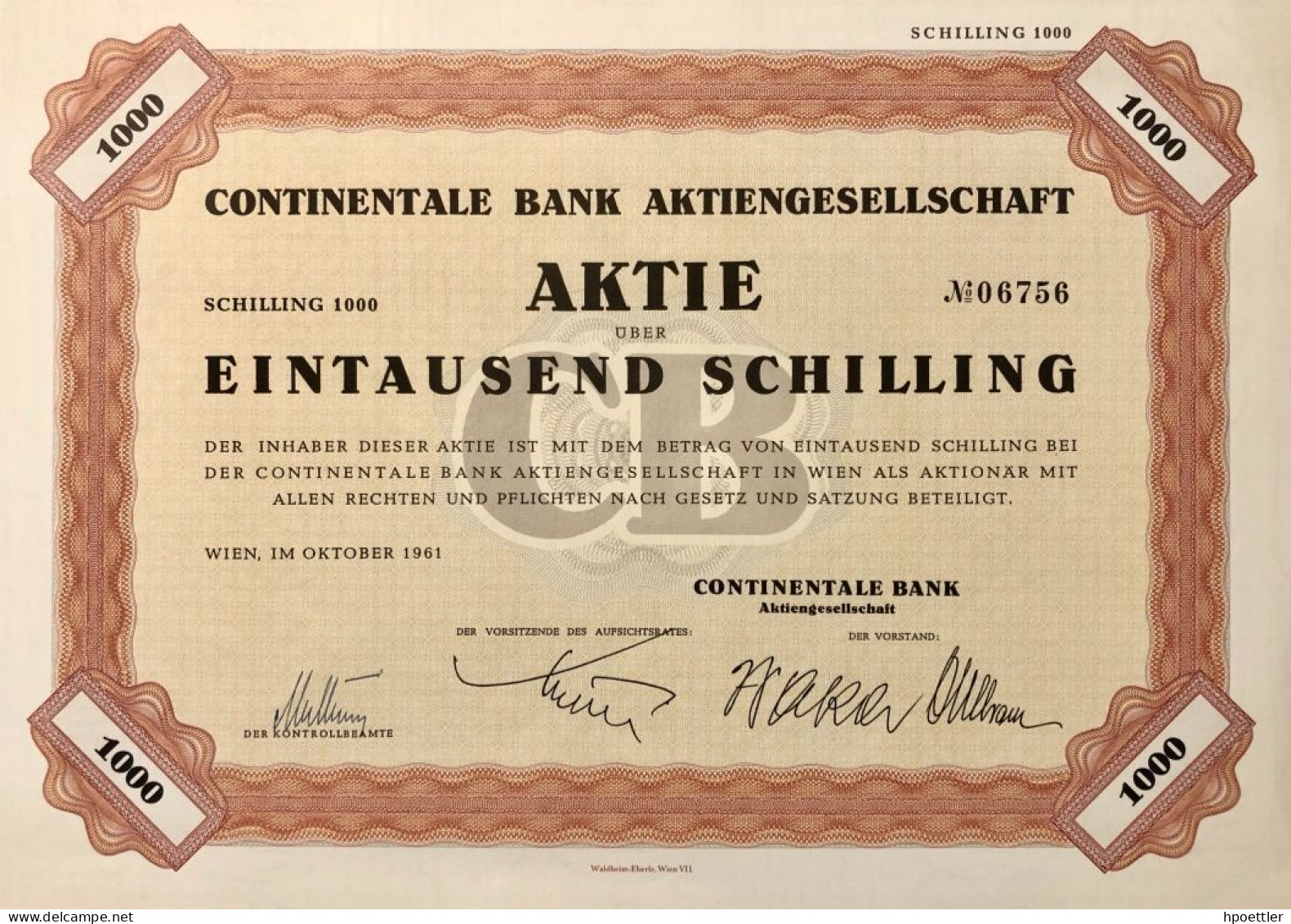 Vienne 1961: Une Action - Continentale Bank AG - 1.000 Schilling - Banque & Assurance