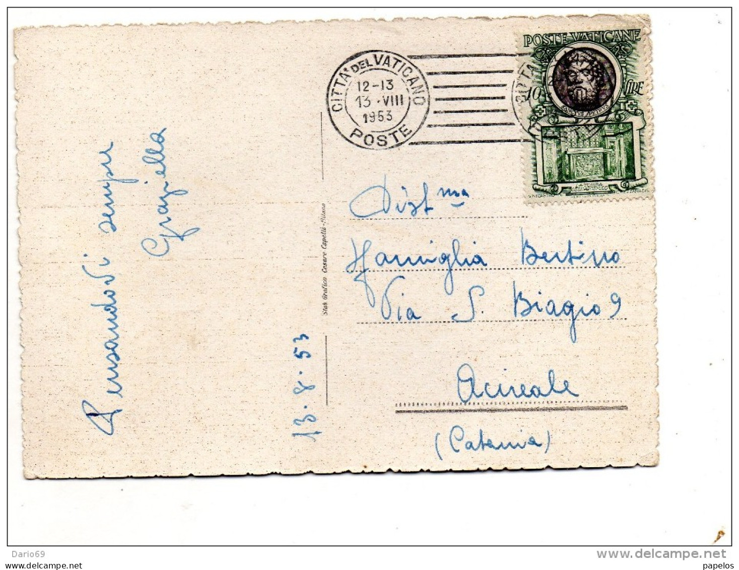 1953  CARTOLINA CON ANNULLO CITTÀ DEL VATICANO - Briefe U. Dokumente