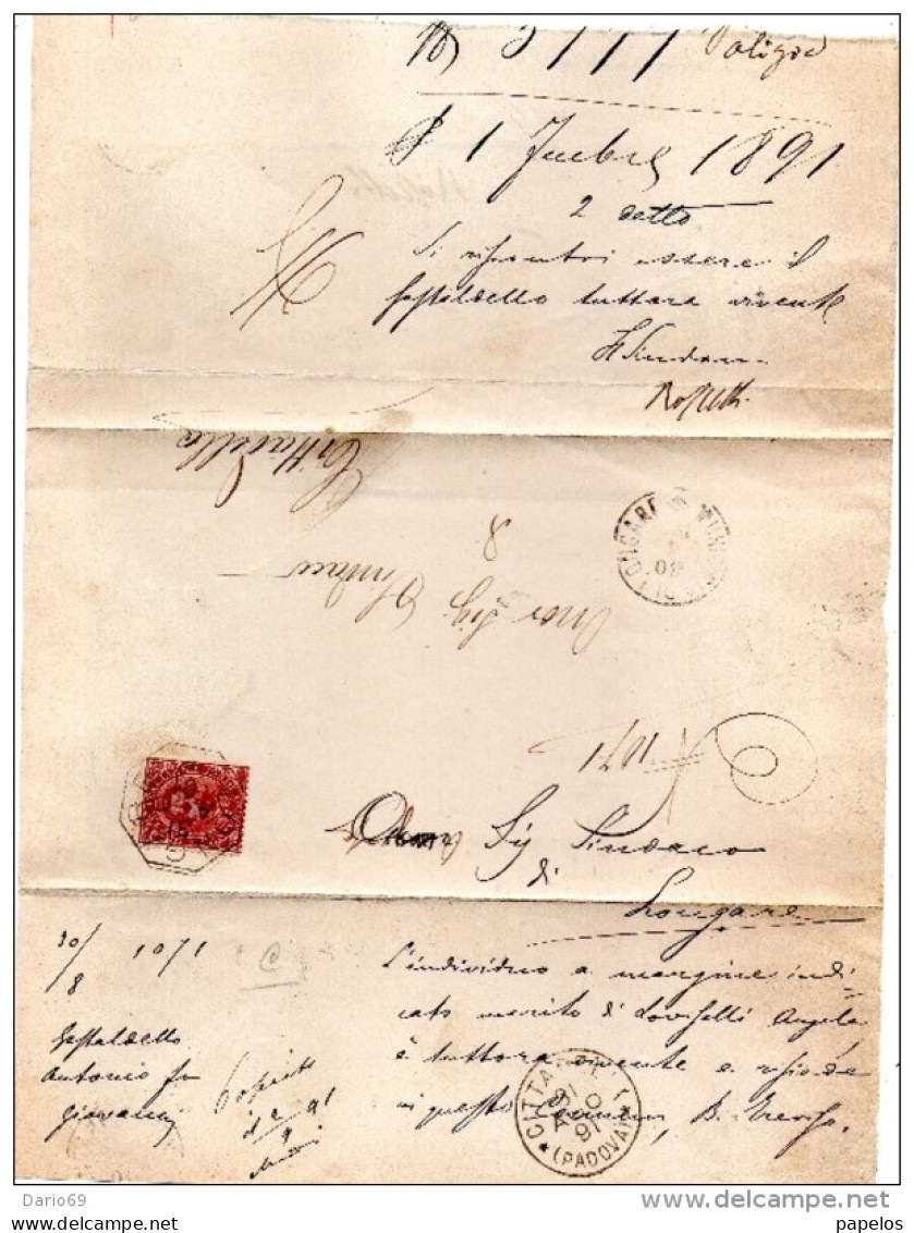 1891    LETTERA  CON ANNULLO LONGARE VICENZA  + CITTADELLA PADOVA - Storia Postale
