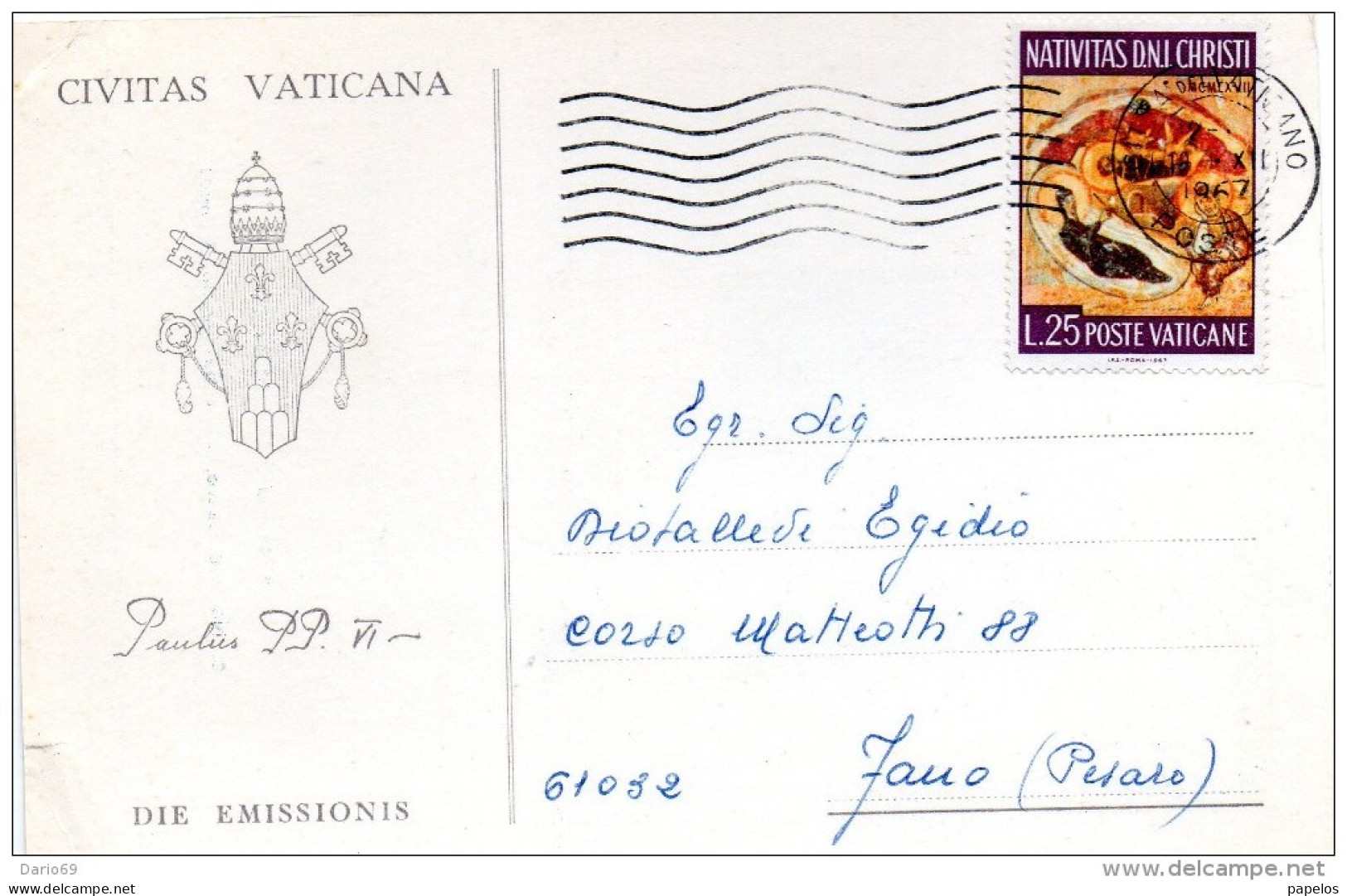 1967   CARTOLINA CON ANNULLO CITTÀ DEL VATICANO - Briefe U. Dokumente