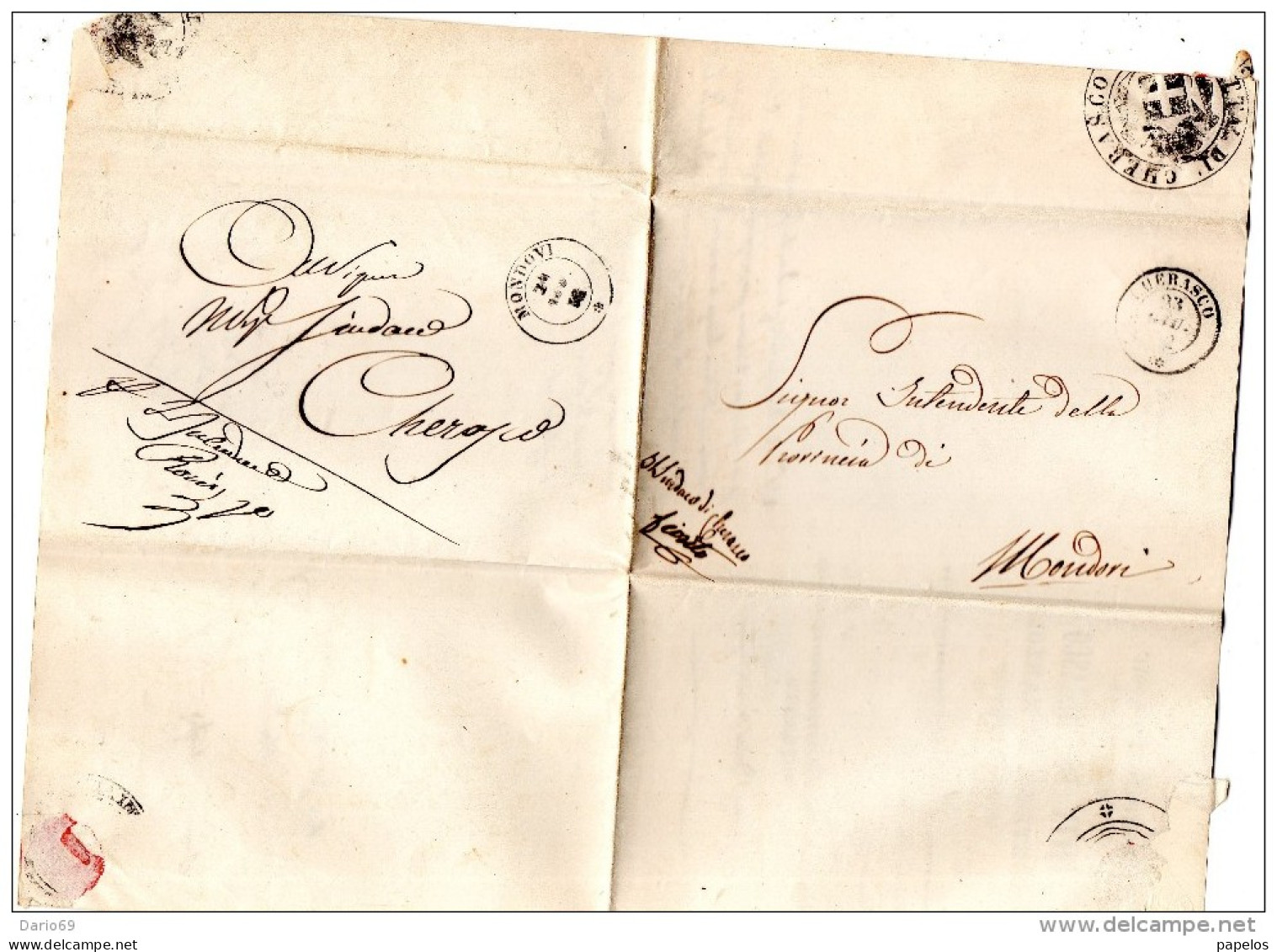 1852  LETTERA CON ANNULLO  CHERASCO + MONDOVI CUNEO - ...-1850 Préphilatélie