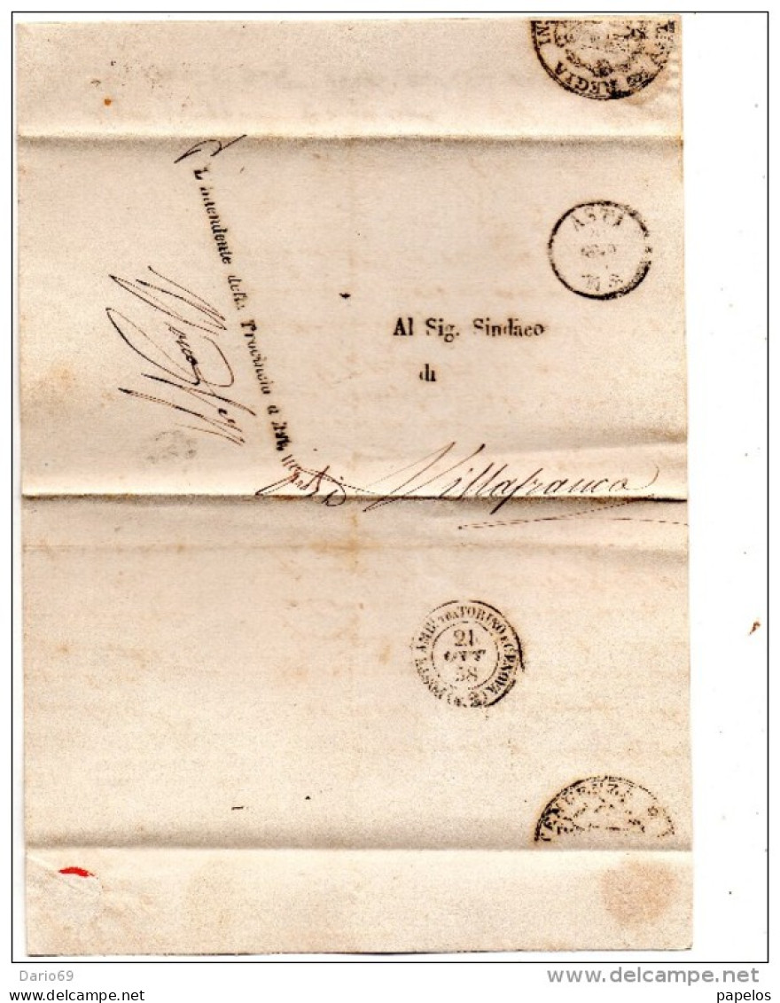 1858  LETTERA CON ANNULLO ASTI + ANNULLO AMBULANTE TRA TORINO E GENOVA - 1. ...-1850 Prephilately