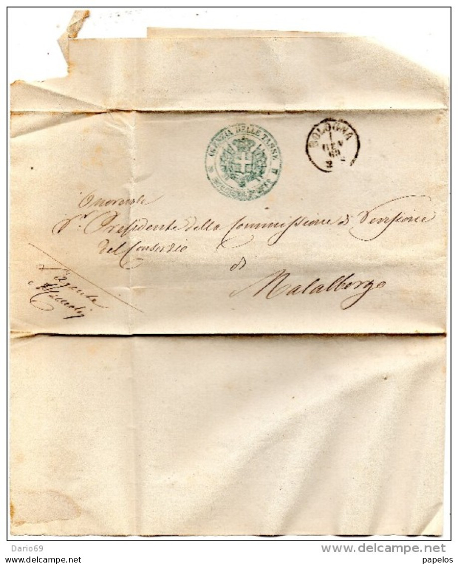 1863  LETTERA CON ANNULLO BOLOGNA + AGENZIA DELLE TASSE - ...-1850 Préphilatélie