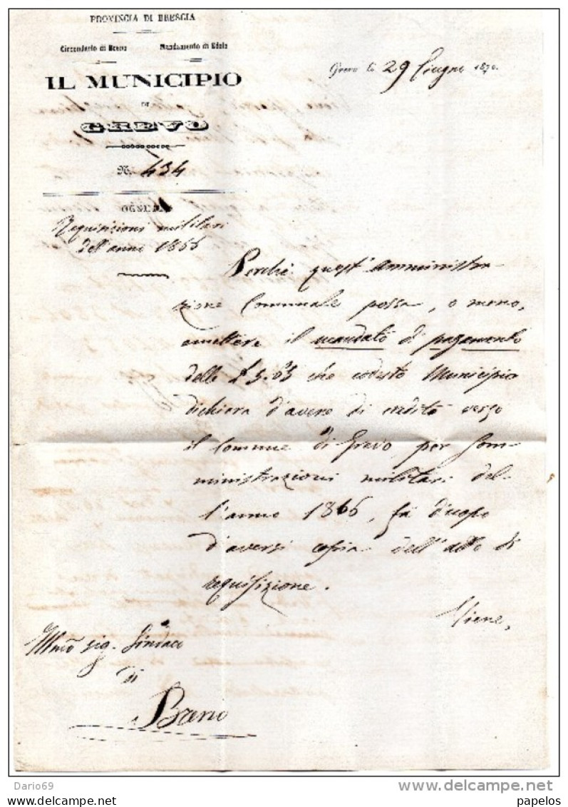 1870   LETTERA CON ANNULLO CEDEGOLO BRESCIA  + BRENO - ...-1850 Préphilatélie