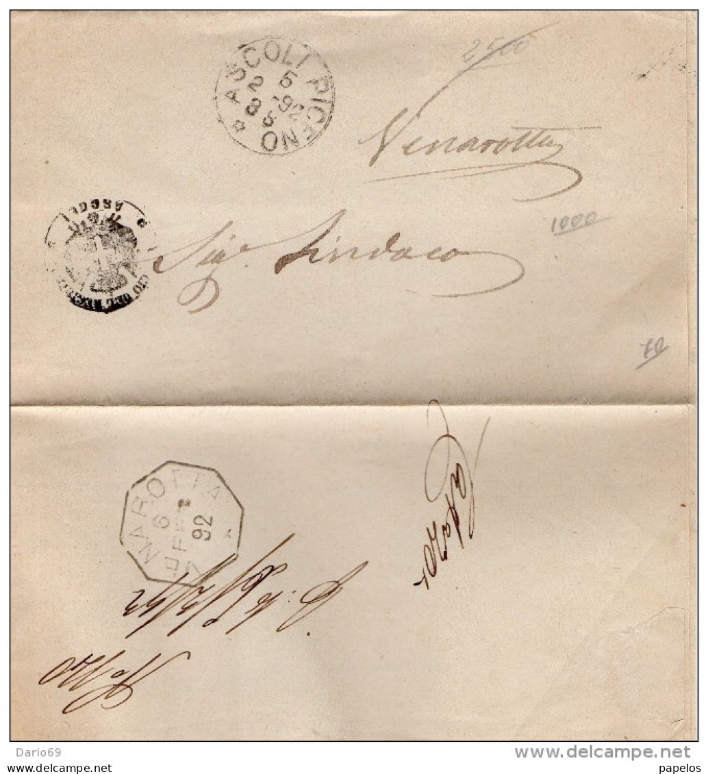 1892 LETTERA CON ANNULLO  ASCOLI PICENO + VENAROTTA - Marcofilía