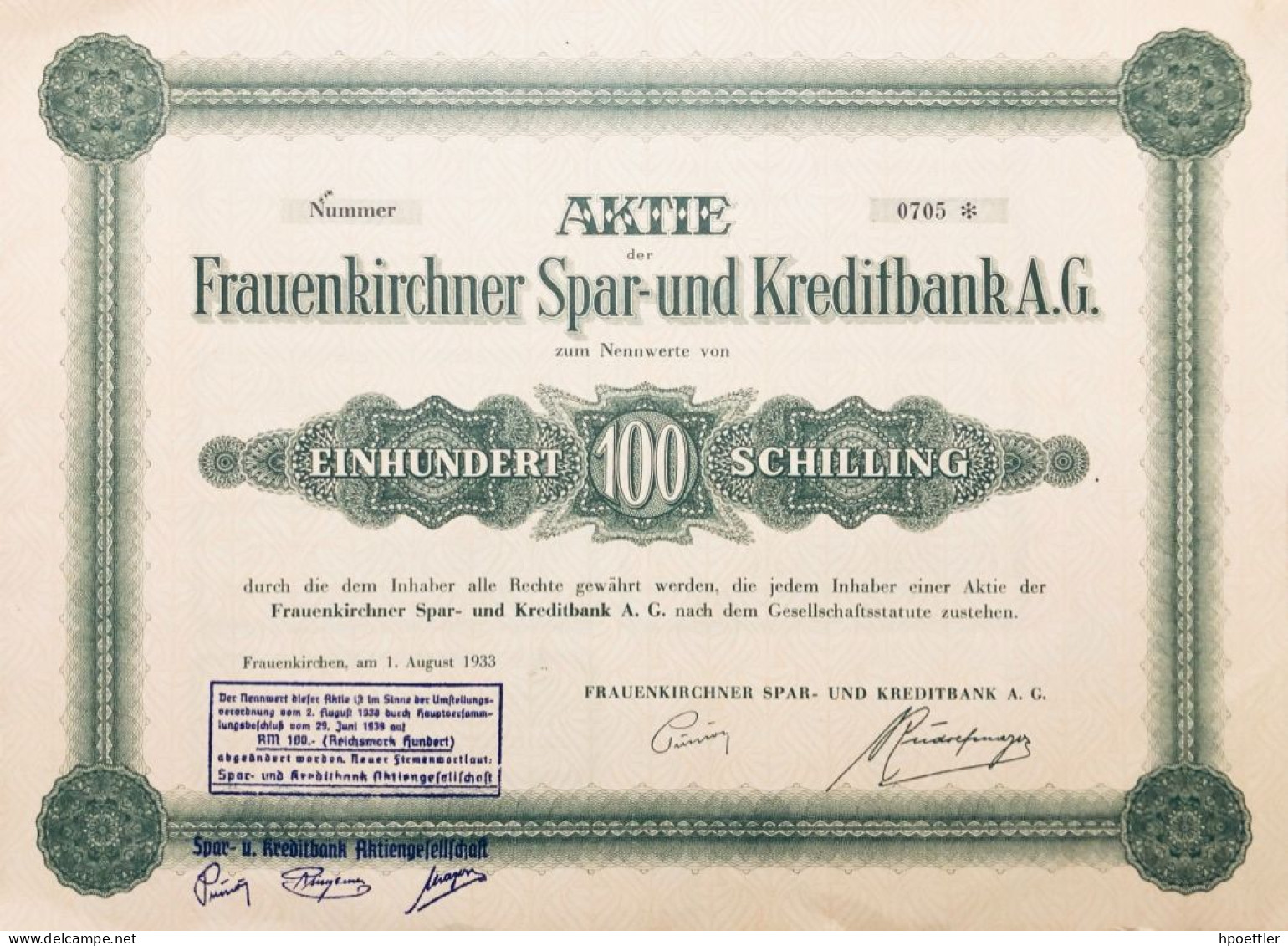 Tres Rare: Frauenkirchen 1933: Une Action - Frauenkirchner Spar- Und Kreditbank AG 100 Schilling - Bank & Versicherung