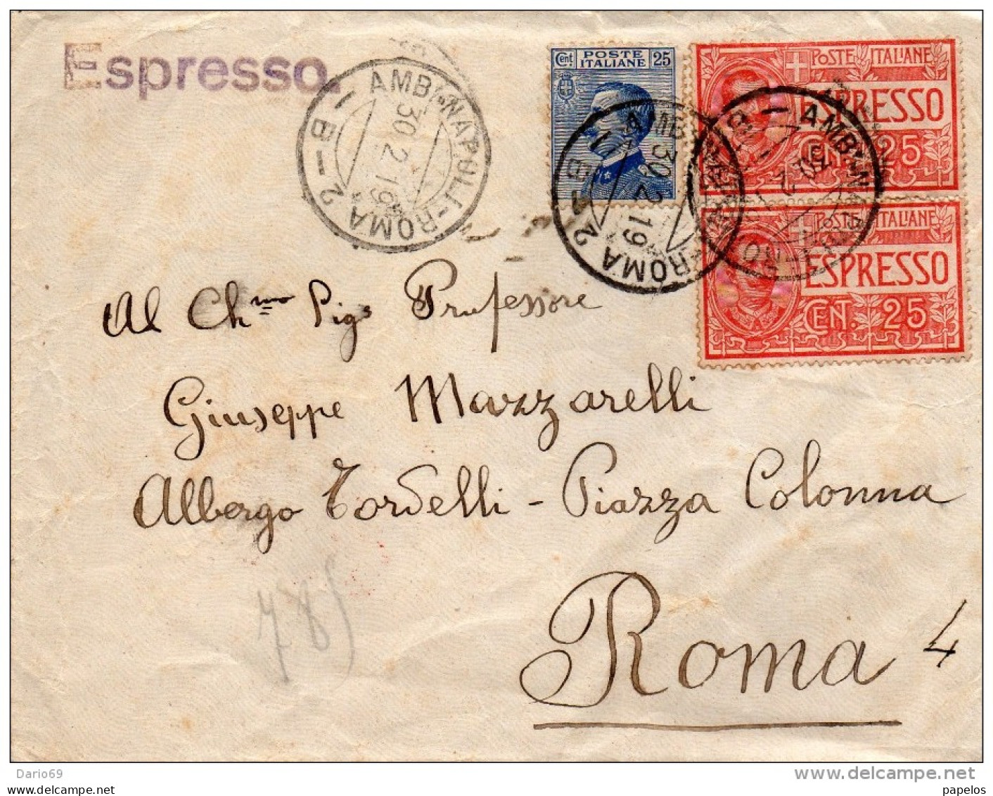 1919    LETTERA ESPRESSO CON ANNULLO  AMBULANTE NAPOL I- ROMA - Posta Espresso