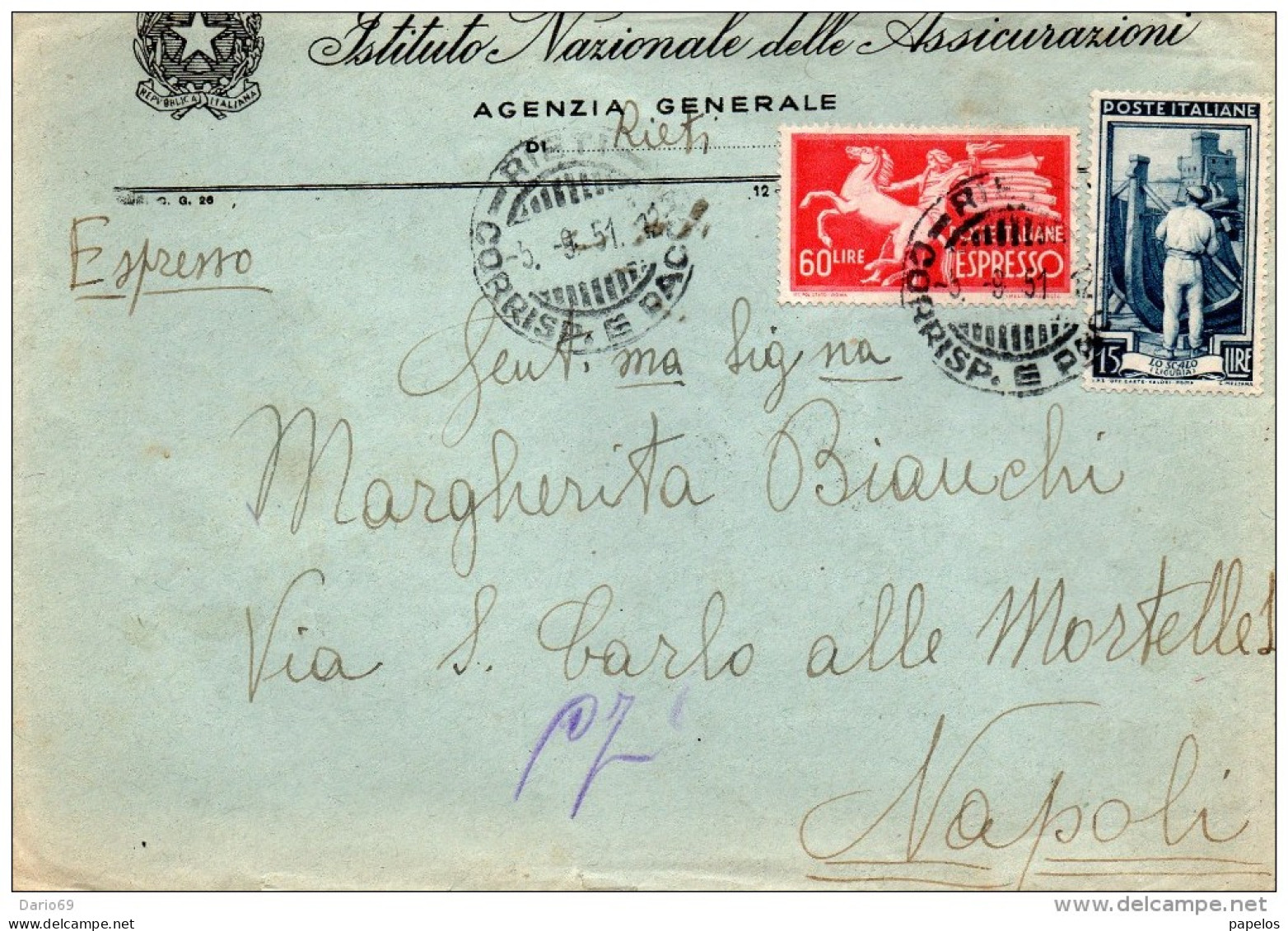 1951  LETTERA ESPRESSO CON ANNULLO RIETI + AMBULANTE ANCONA - ROMA - Posta Espressa/pneumatica