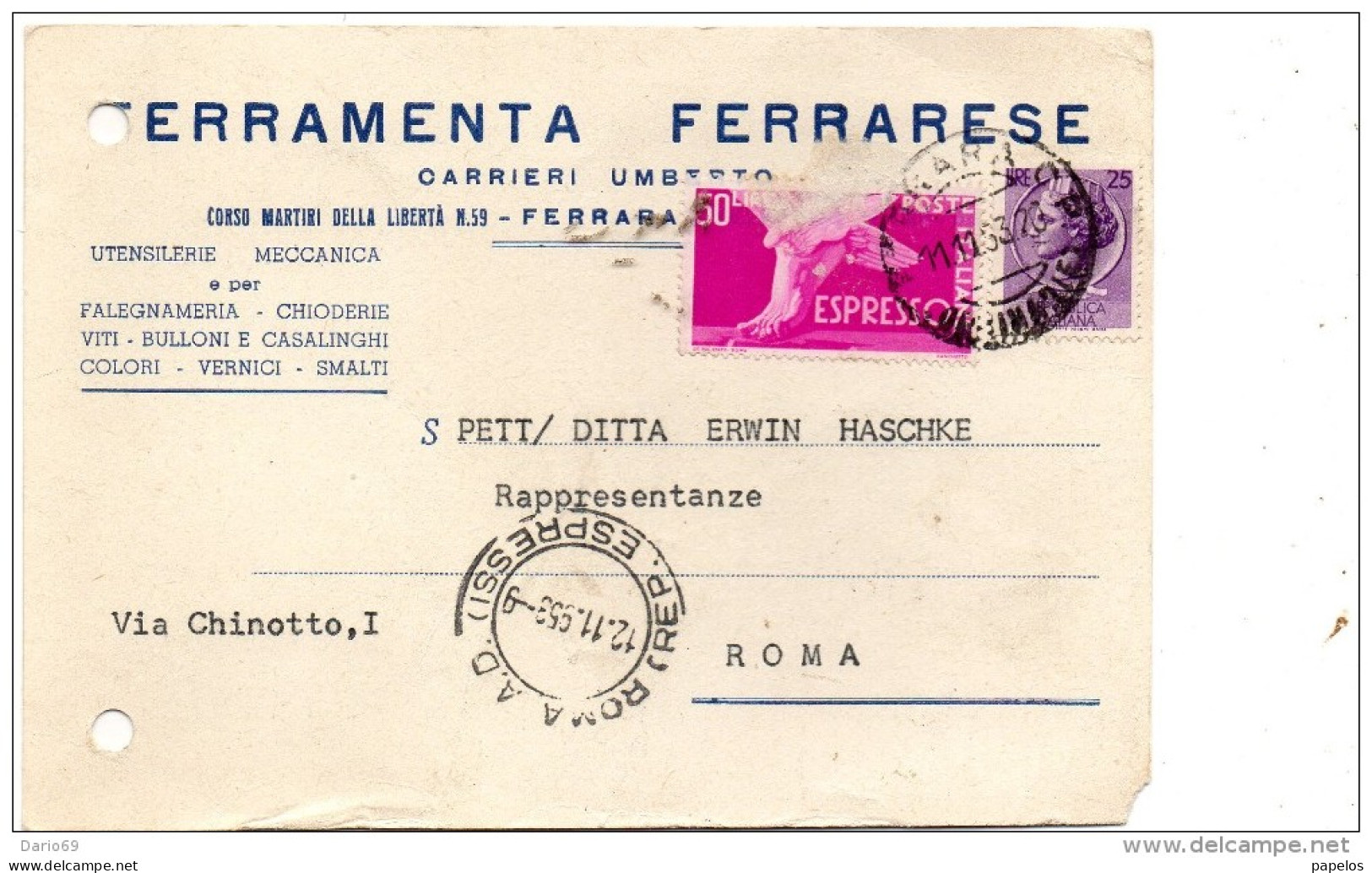 1955  CARTOLINA ESPRESSO  CON ANNULLO  ROMA A.D. ESPRESSI - Poste Exprèsse/pneumatique