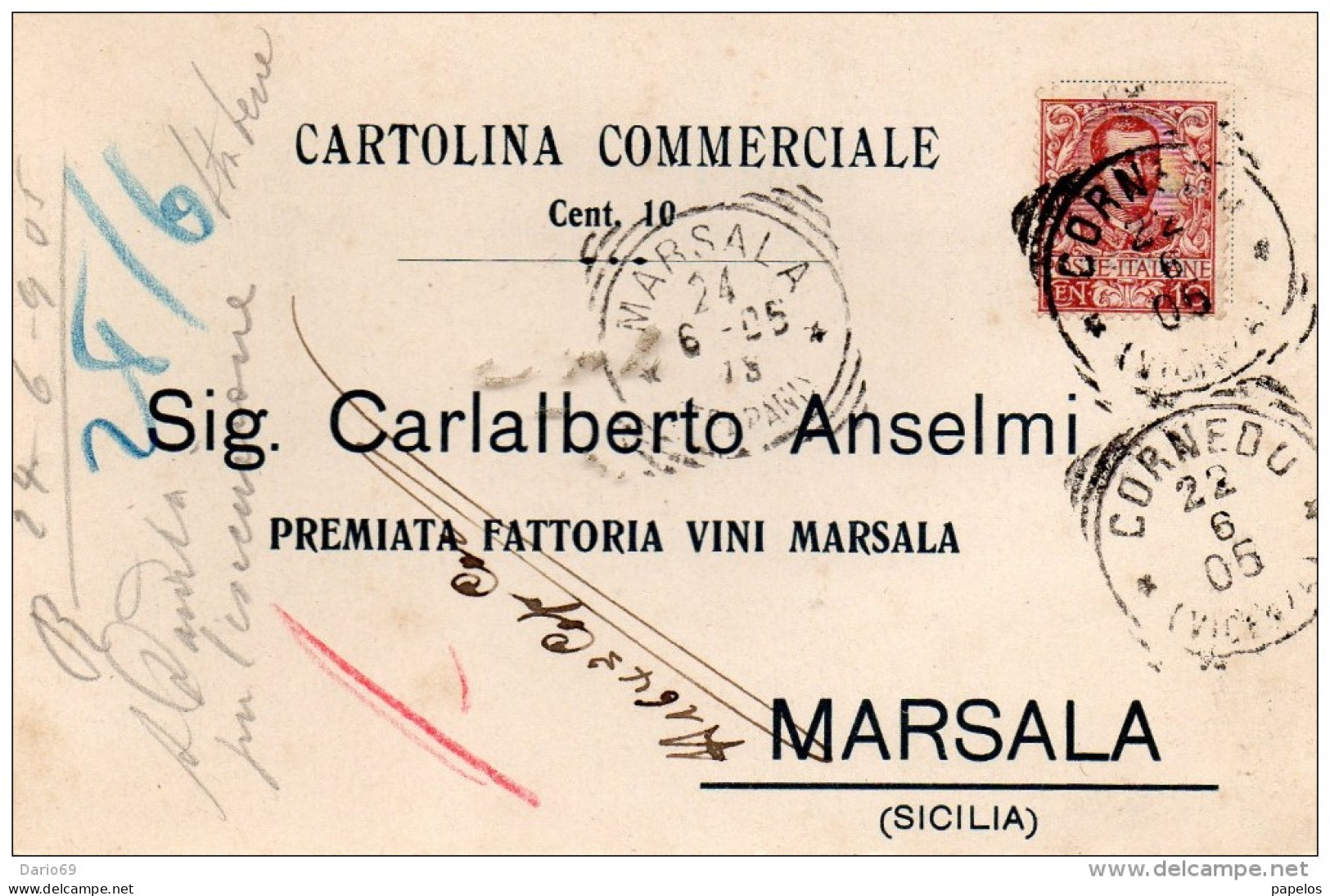1905 CARTOLINA CON ANNULLO CORNEDO VICENZA + MARSALA - Marcophilie