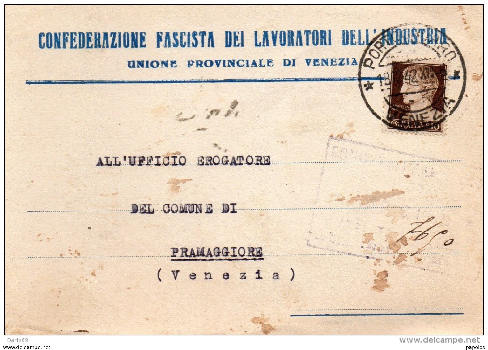 1942 CARTOLINA INTESTATA CON ANNULLO PORTOGRUARO  VENEZIA - Storia Postale