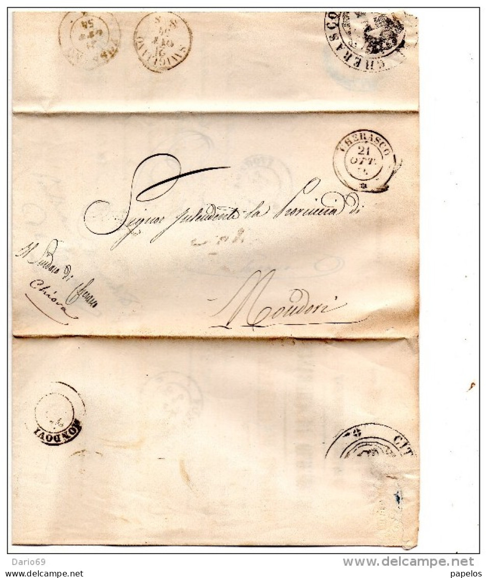 1854  LETTERA CON ANNULLO  MONDOVI CUNEO + SAVIGLIANO + CHERASCO - 1. ...-1850 Prephilately