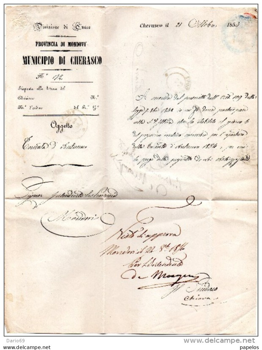 1854  LETTERA CON ANNULLO  MONDOVI CUNEO + SAVIGLIANO + CHERASCO - 1. ...-1850 Prephilately