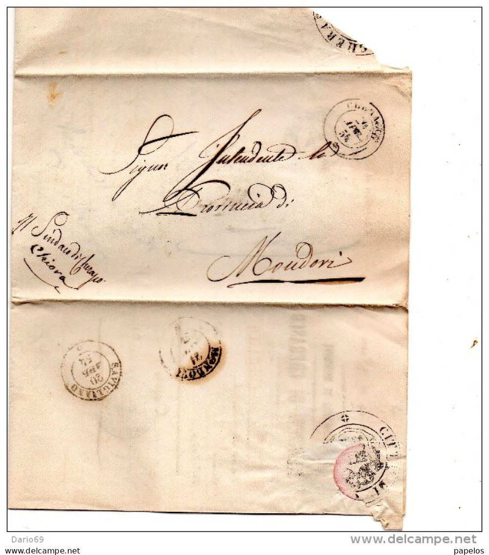 1854  LETTERA CON ANNULLO  MONDOVI CUNEO + SAVIGLIANO - ...-1850 Voorfilatelie