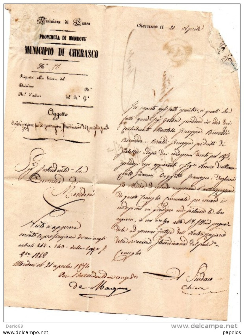 1854  LETTERA CON ANNULLO  MONDOVI CUNEO + SAVIGLIANO - 1. ...-1850 Prefilatelia