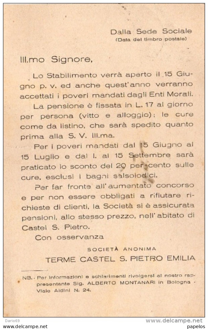 1925 CARTOLINA INTESTATA TERME DI CASTEL S. PIETRO  CON ANNULLO LEGNAGO VERONA + ARCOLE - Marcophilie