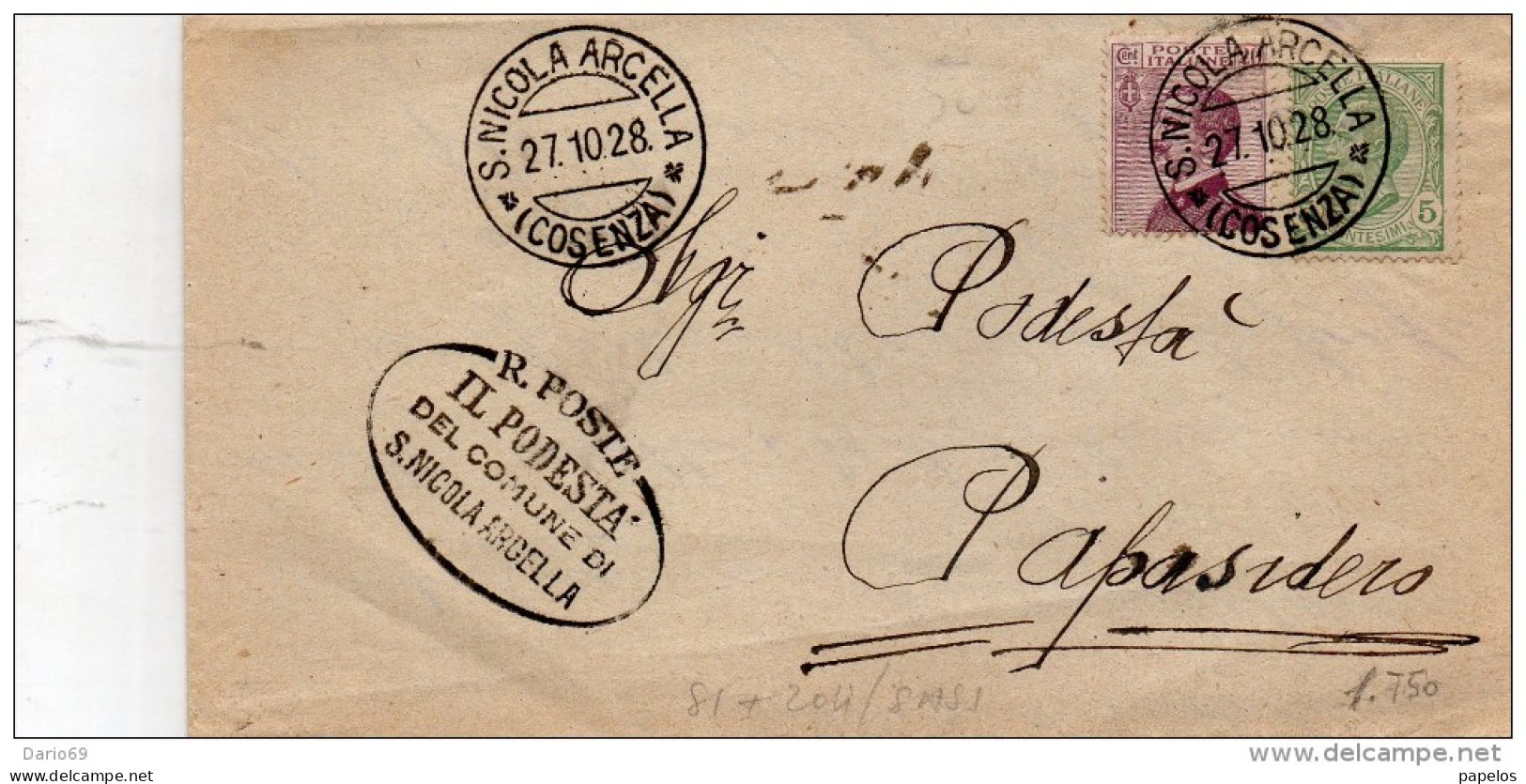 1928  LETTERA CON ANNULLO  S. NICOLA ARCELLA COSENZA  AFFRANCATURA MISTA - Storia Postale