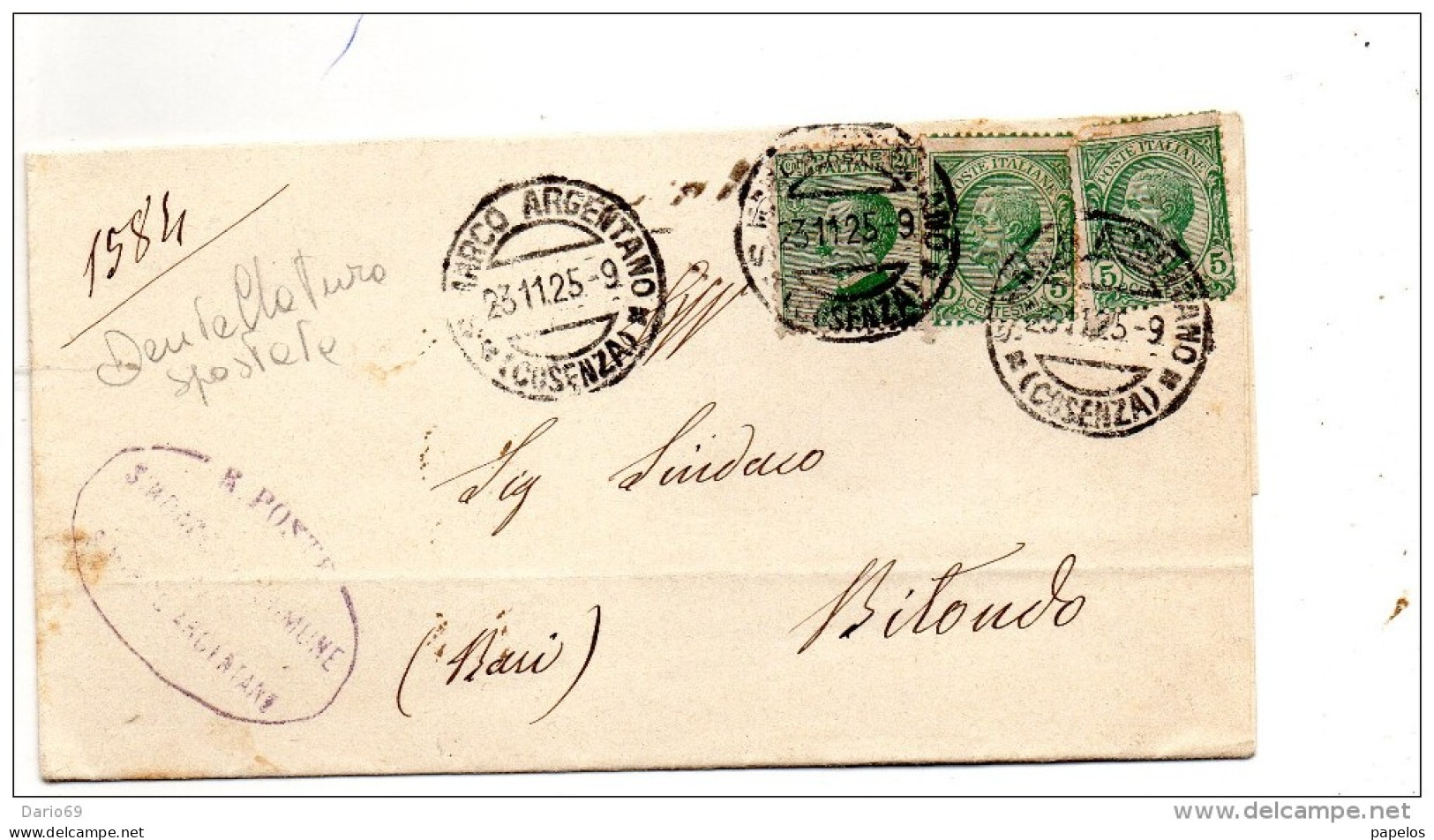 1925  LETTERA CON ANNULLO  S. MARCO ARGENTANO  COSENZA - Poststempel