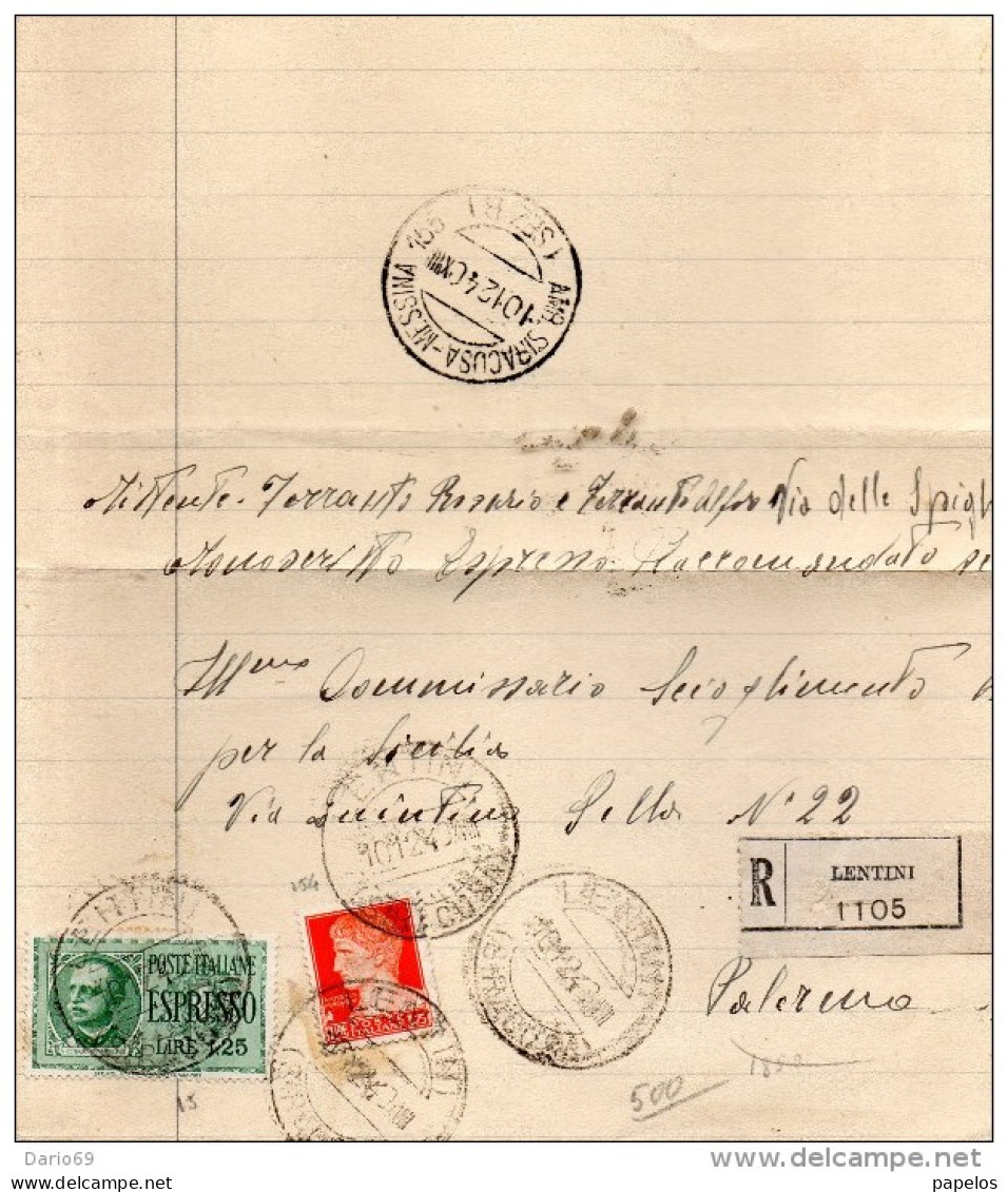 1940 LETTERA RACCOMANDATA   ESPRESSO   CON ANNULLO  LENTINI SIRACUSA + AMBULANTE SIRACUSA - MESSINA - Express Mail