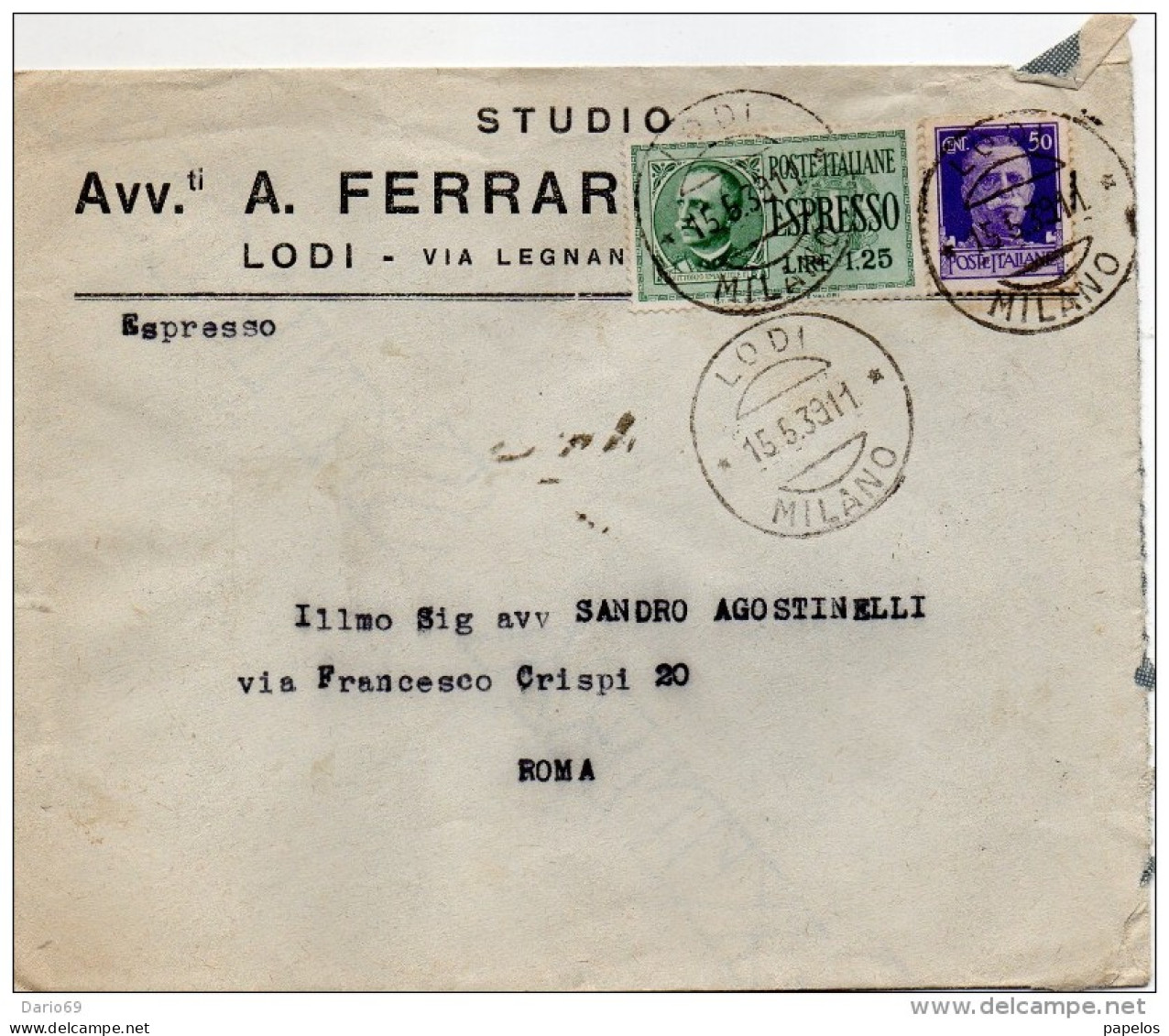 1939   LETTERA ESPRESSO   CON ANNULLO  LODI MILANO  + AMBULANTE MILANO - FIRENZE - ROMA - Express Mail