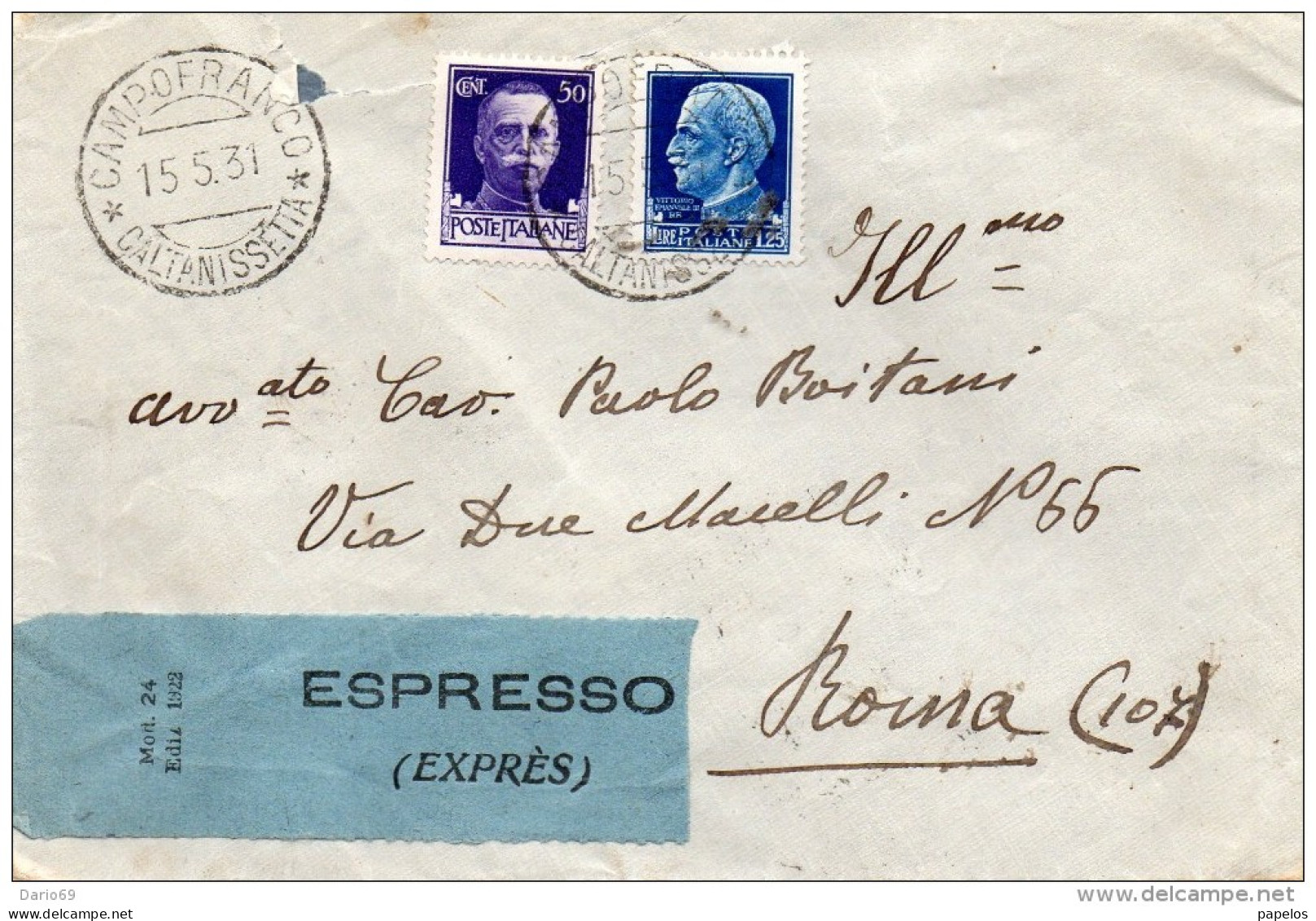 1931  LETTERA  ESPRESSO CON ANNULLO CAMPO FRANCO CALTANISSETTA + AMBULANTE Porto Empedocle PALERMO + PAOLA - NAPOLI - Express Mail