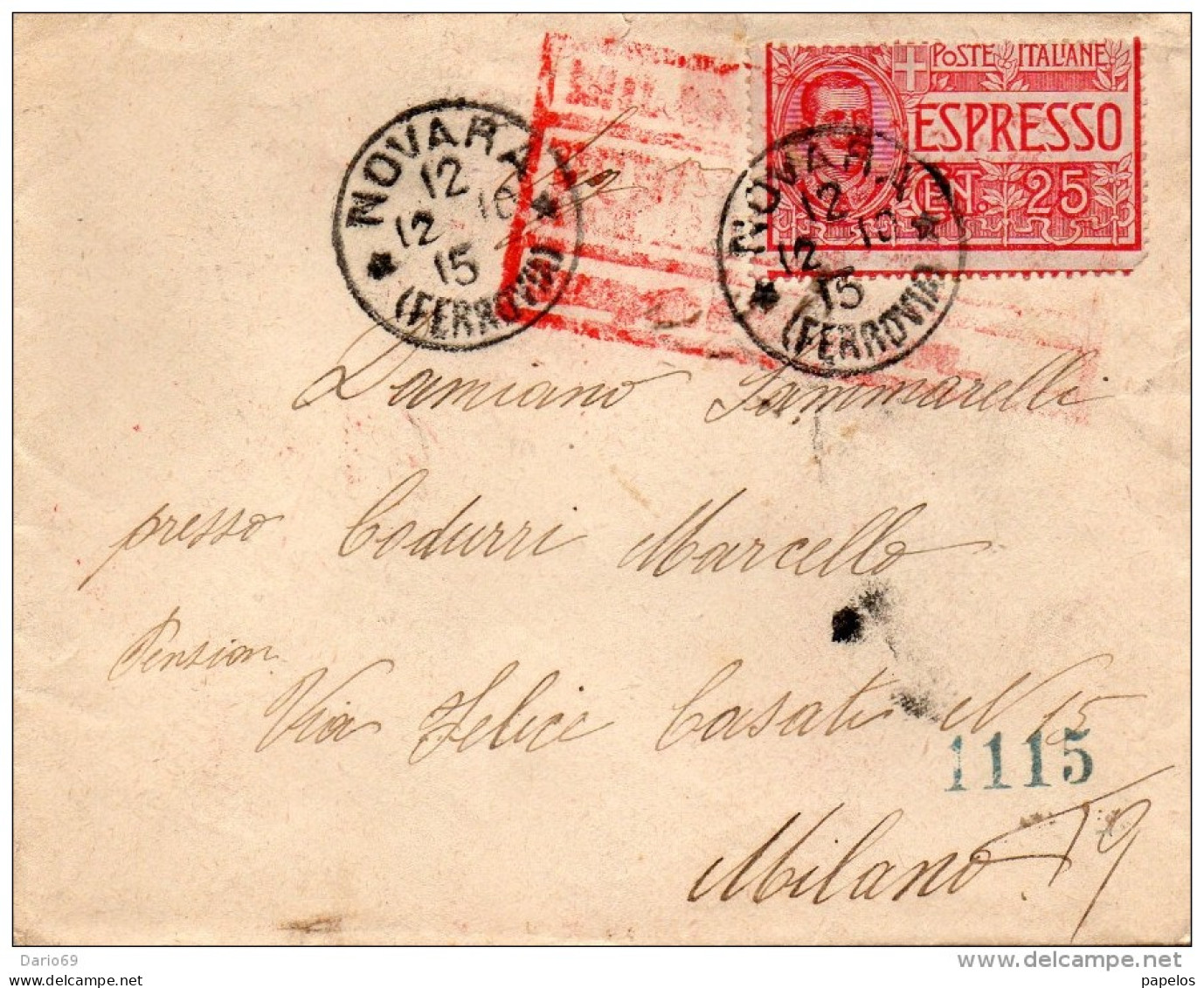 1916  LETTERA  ESPRESSO CON ANNULLO NOVARA + AMB. TORINO - MILANO - Exprespost