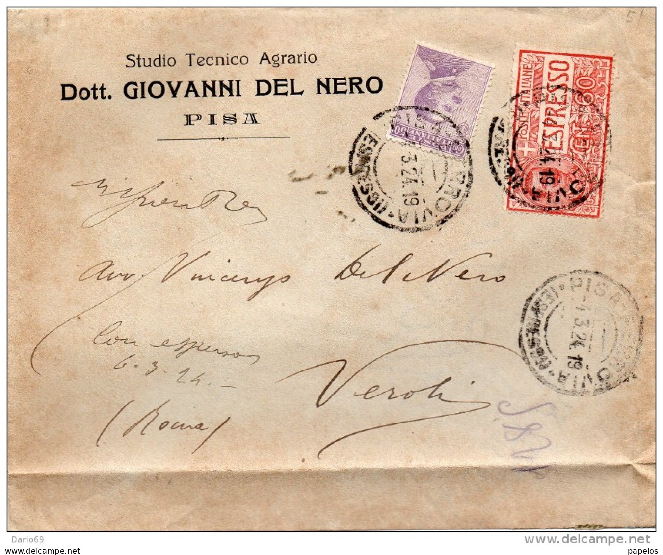 1924  LETTERA ESPRESSO  CON ANNULLO  PISA  + VEROLI - ROMA - Poste Exprèsse