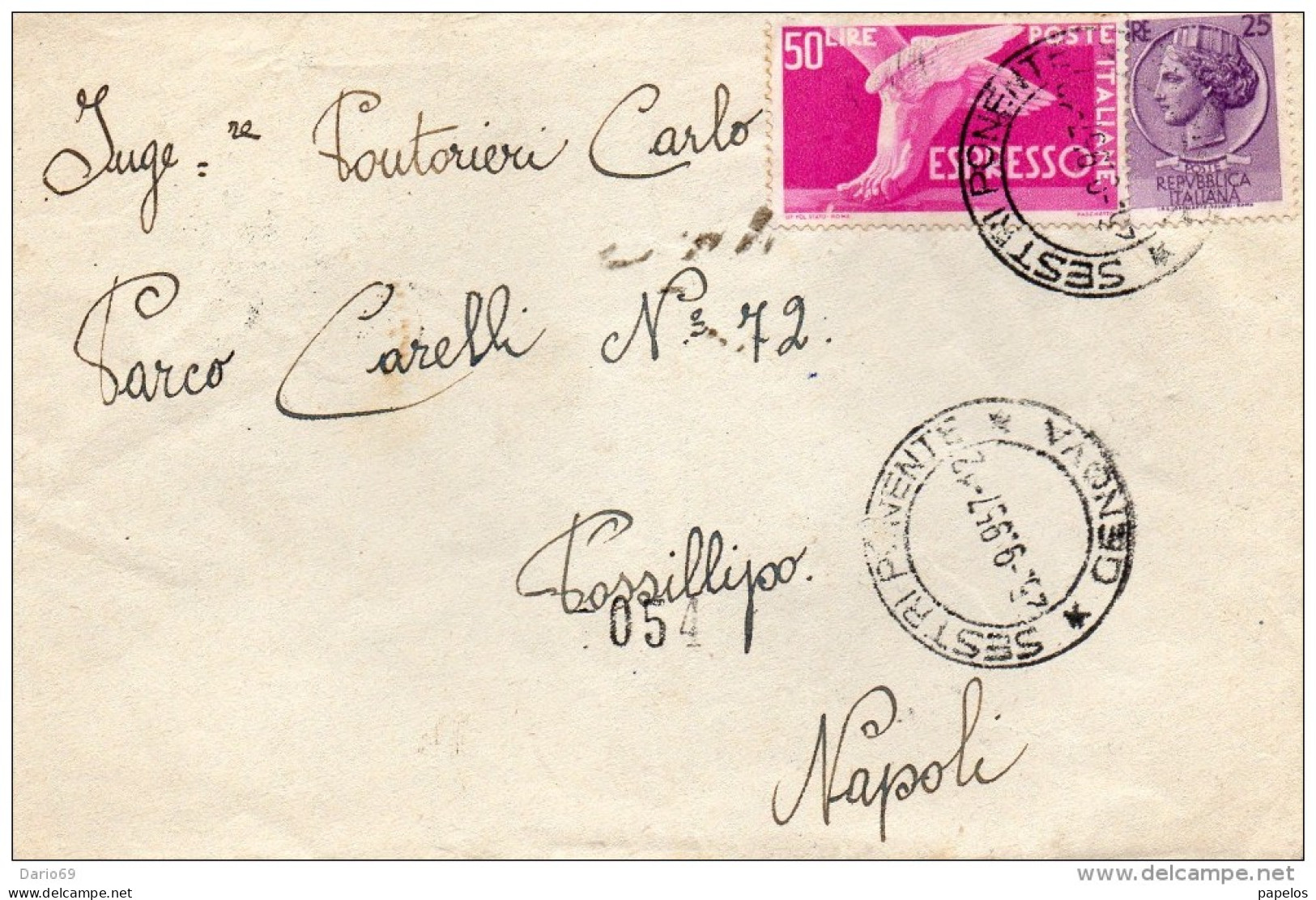 1957 LETTERA ESPRESSO  CON ANNULLO  SESTRI PONENTE GENOVA - Posta Espressa/pneumatica