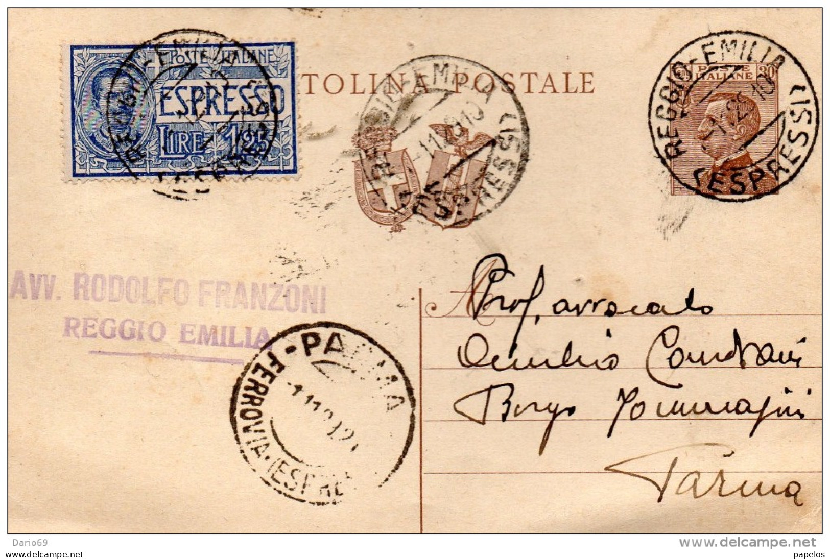 1929 CARTOLINA ESPRESSO CON ANNULLO REGGIO EMILIA + PARMA ESPRESSI - Stamped Stationery