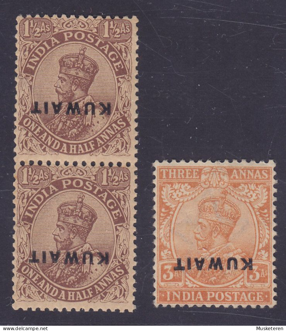 British India Used In Kuwait 1923 SG. 3, 6, King GV. INVERTED Overprinted KUWAIT Pair & Single, MH* (4 Scans) - Koweït