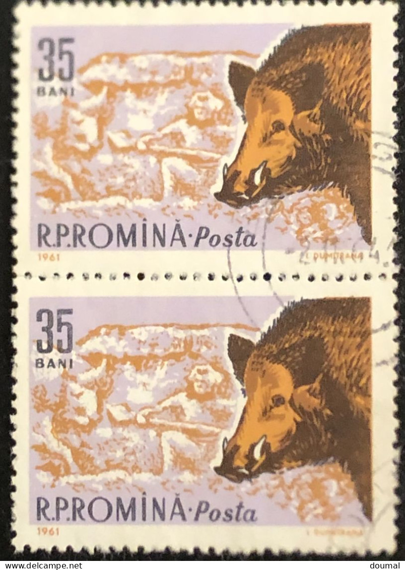 PAIR OF ROMANIA 1961 : Sc# 1427 BOAR AND ROMAN HUNTER - VFU - Gebruikt