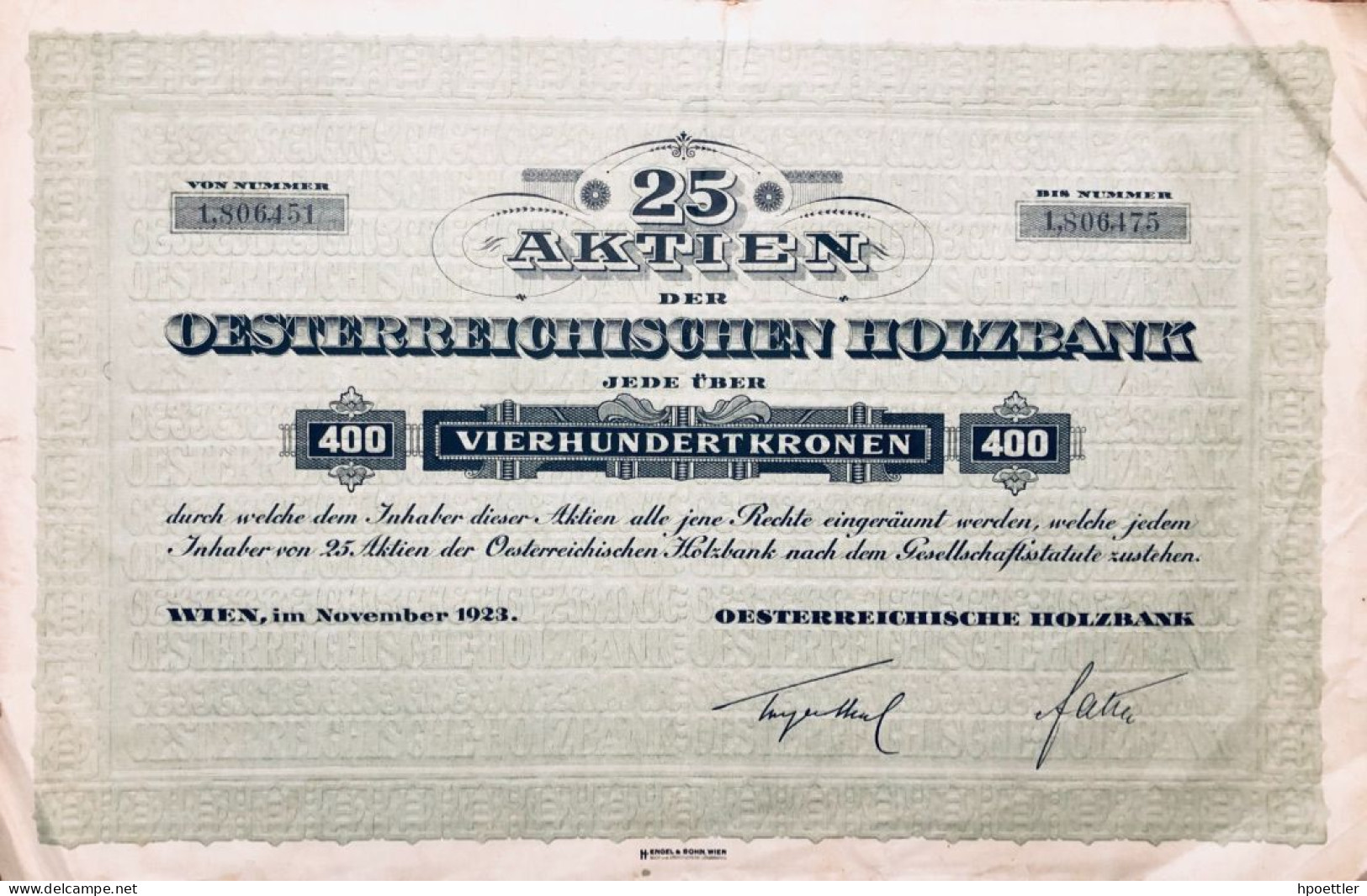 Tres Rare: Vienne 1921: Vingt Cinq Actions - Oesterreichische Holzbank 10.000 Couronnes - Bank & Insurance