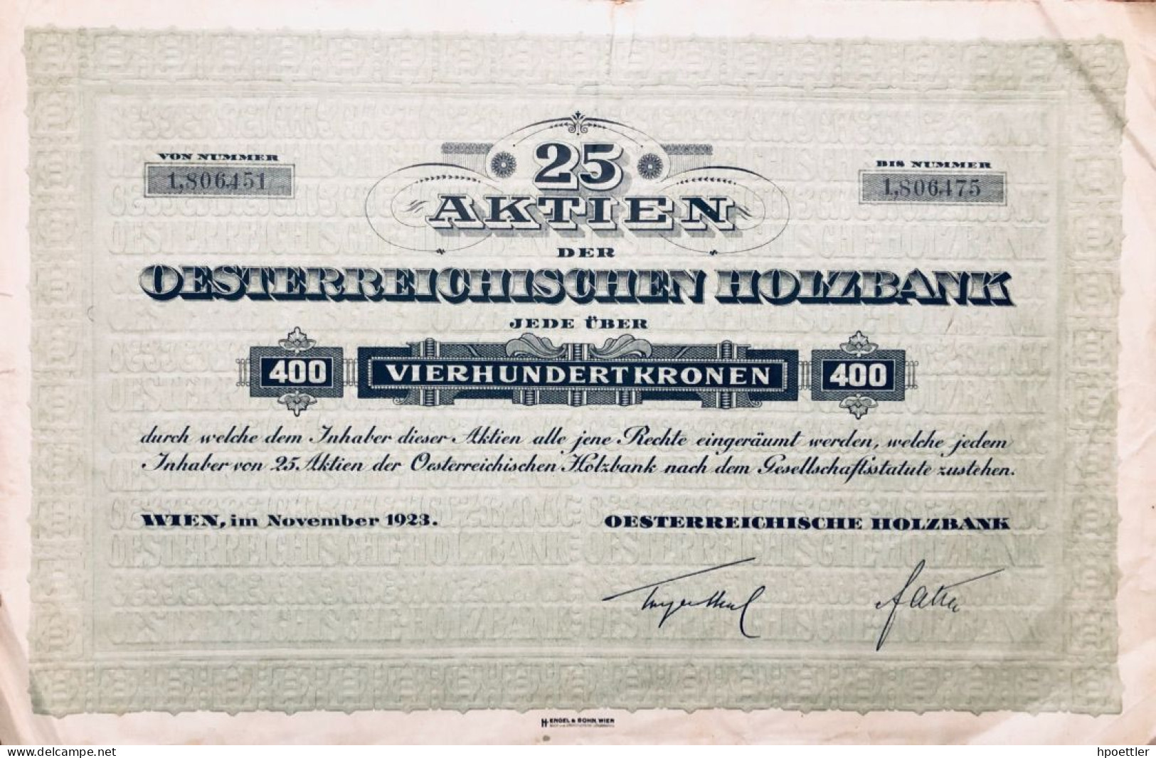 Tres Rare: Vienne 1921: Vingt Cinq Actions - Oesterreichische Holzbank 10.000 Couronnes - Banco & Caja De Ahorros