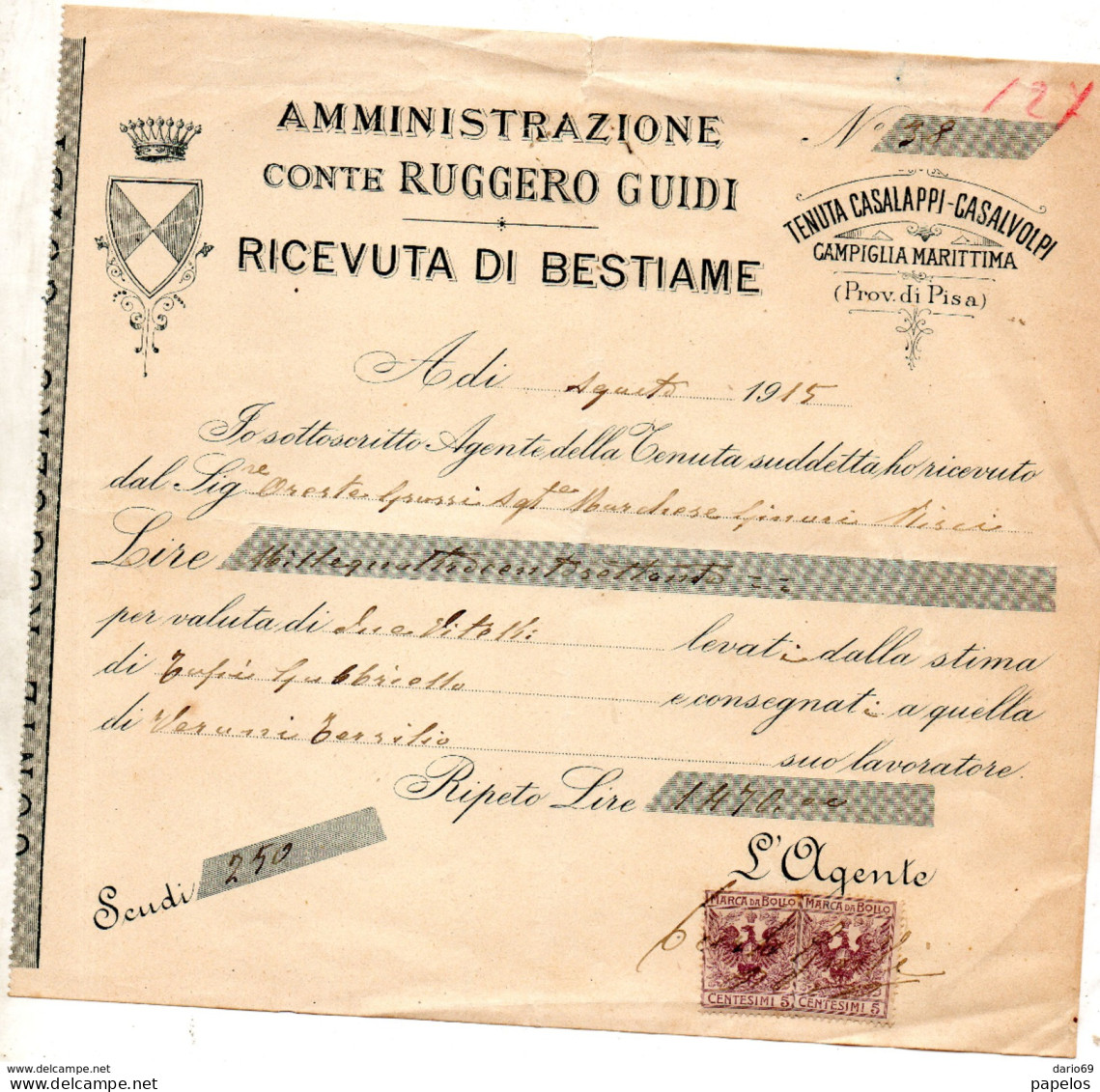 1915  CONTE RUGGERO GUIDI RICEVUTA DI BESTIAME CAMPIGLIA MARITTIMA PISA - Italie