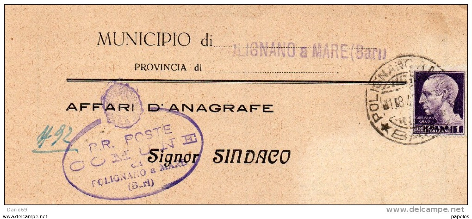 1946 LETTERA CON ANNULLO POLIGNANO A MARE BARI - Marcofilía