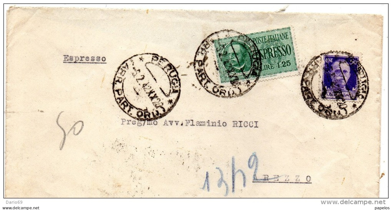 1942 LETTERA  ESPRESSO  CON ANNULLO  PERUGIA - Marcophilie