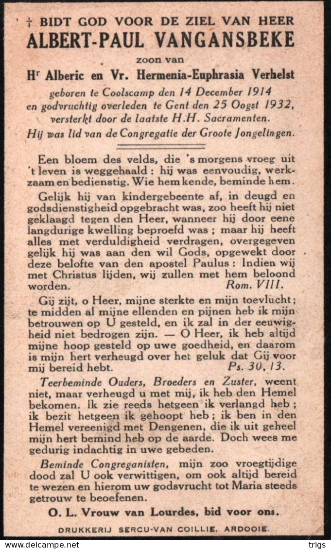 Albert Paul Vangansbeke (1914-1932) - Imágenes Religiosas