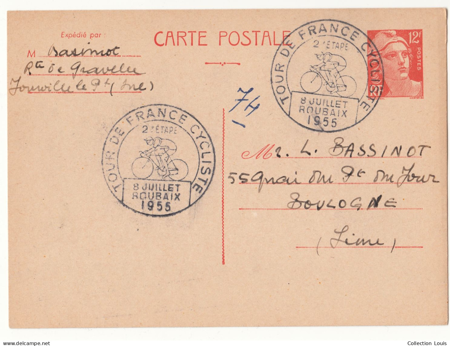 ENTIER POSTAL Type Marianne De Gandon Y&T N°885-CP1 12F Oblitéré Tour De France 1955 2ème étape - Standard Postcards & Stamped On Demand (before 1995)