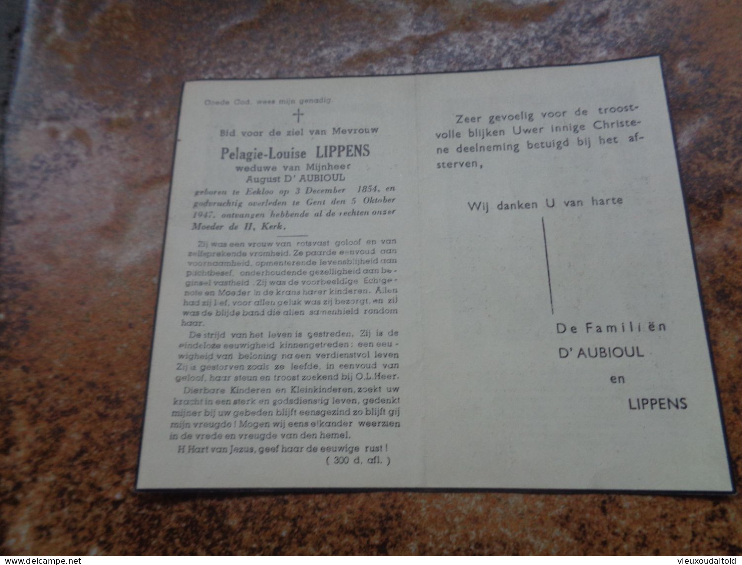 Doodsprentje/Bidprentje  Pelagie-Louise LIPPENS   Eekloo 1854-1947 Gent  (Wwe August D'AUBIOUL) - Autres & Non Classés