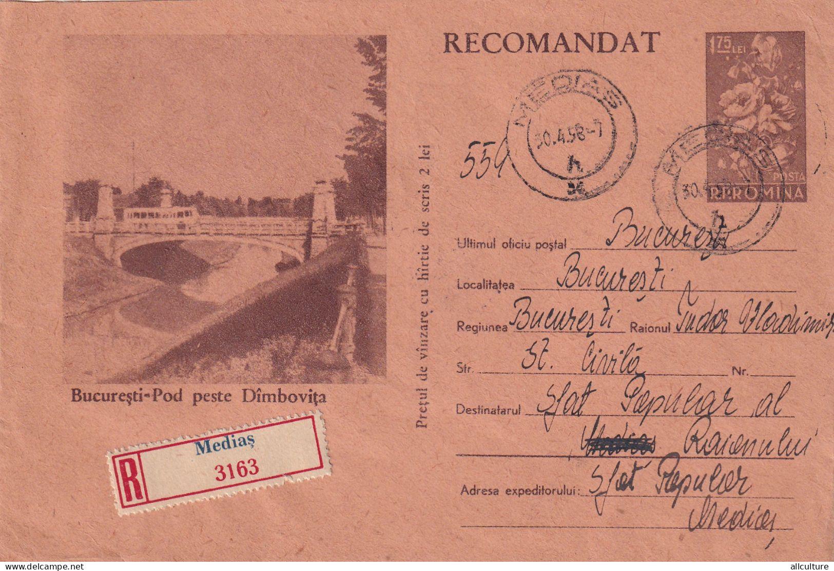 A24619 -  BUCURESTI BRIDGE OVER DAMBOVITA RIVER 1958 , USED ,COVERS STATIONERY ROMANIA - Enteros Postales