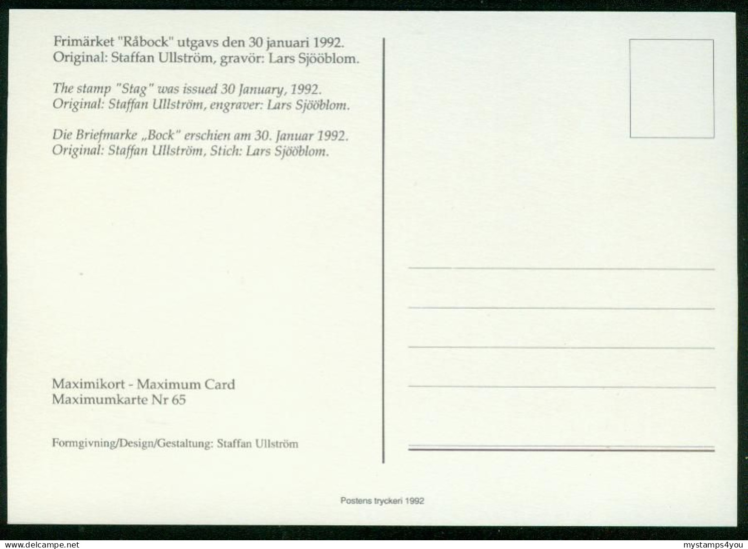 Mk Sweden Maximum Card 1992 MiNr 1700 D | Wildlife, Roe Buck #max-0032 - Maximumkarten (MC)