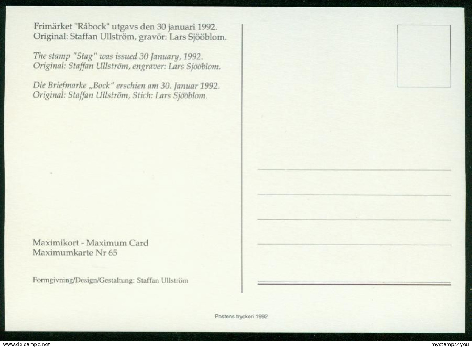 Mk Sweden Maximum Card 1992 MiNr 1700 D | Wildlife, Roe Buck #max-0032 - Cartes-maximum (CM)